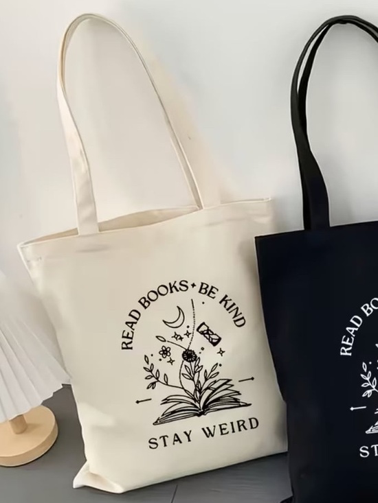 Handbags - Canvas Tote Bag - 'Read Books Be Kind Stay Weird’- Cream Color